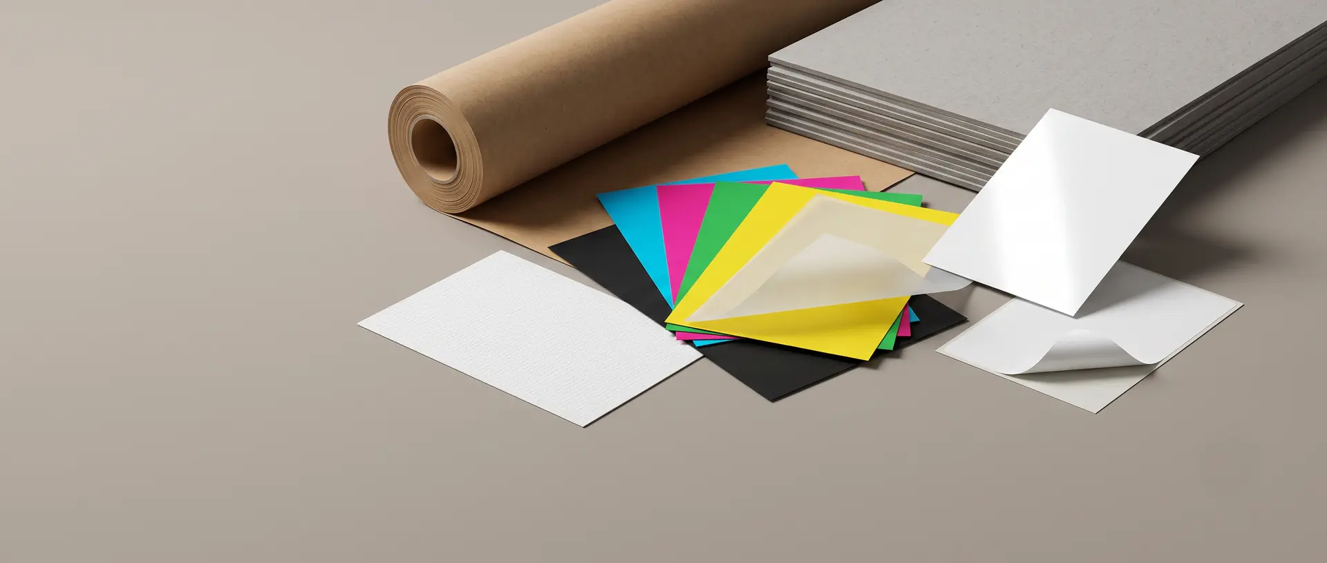 Kraft paper roll, grey duplex board, fanned coloured sheets, tracing paper and peel-corner adhesive label stock arranged on a studio surface