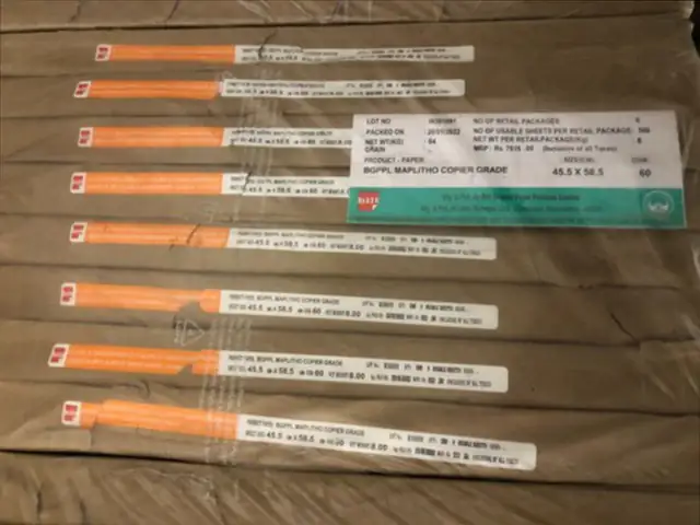Wrapped reams of offset printing paper stacked on a pallet