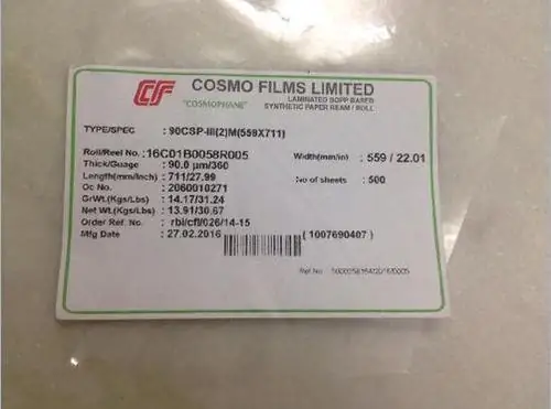 Mill label on a wrapped reel of waterproof synthetic paper